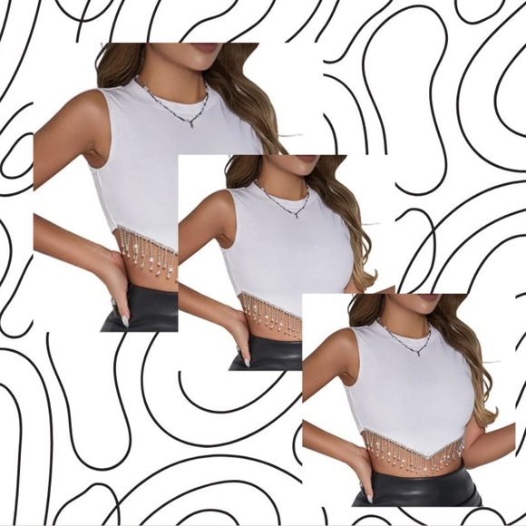 White Sleeveless Crop Top with Rhinestone Fringe - Picture 1 of 6